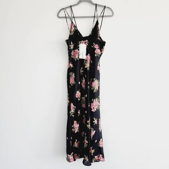 Zara Black Floral Satin Effect Midi / Maxi Slip Dress Spaghetti Straps Large - Picture 5 of 11